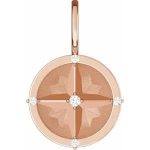 Diamond Compass Charm Pendant w/Matching 16" Chain (Sterling Silver, 14k Yellow, White, or Rose Gold)