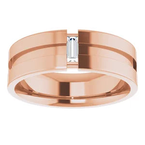 Notched Wedding Band with Natural Baguette Diamond in 14K Gold (Yellow, White or Rose)