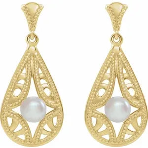 Earring - Cultured Freshwater Pearl Vintage-Inspired (Sterling Silver, 14k Yellow Gold, White Gold, or Rose Gold Options)