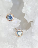 Load image into Gallery viewer, Earrings - Montana Sapphire .74 CTW Light Blue Round Cut in 14k Rose Gold Bezel Studs
