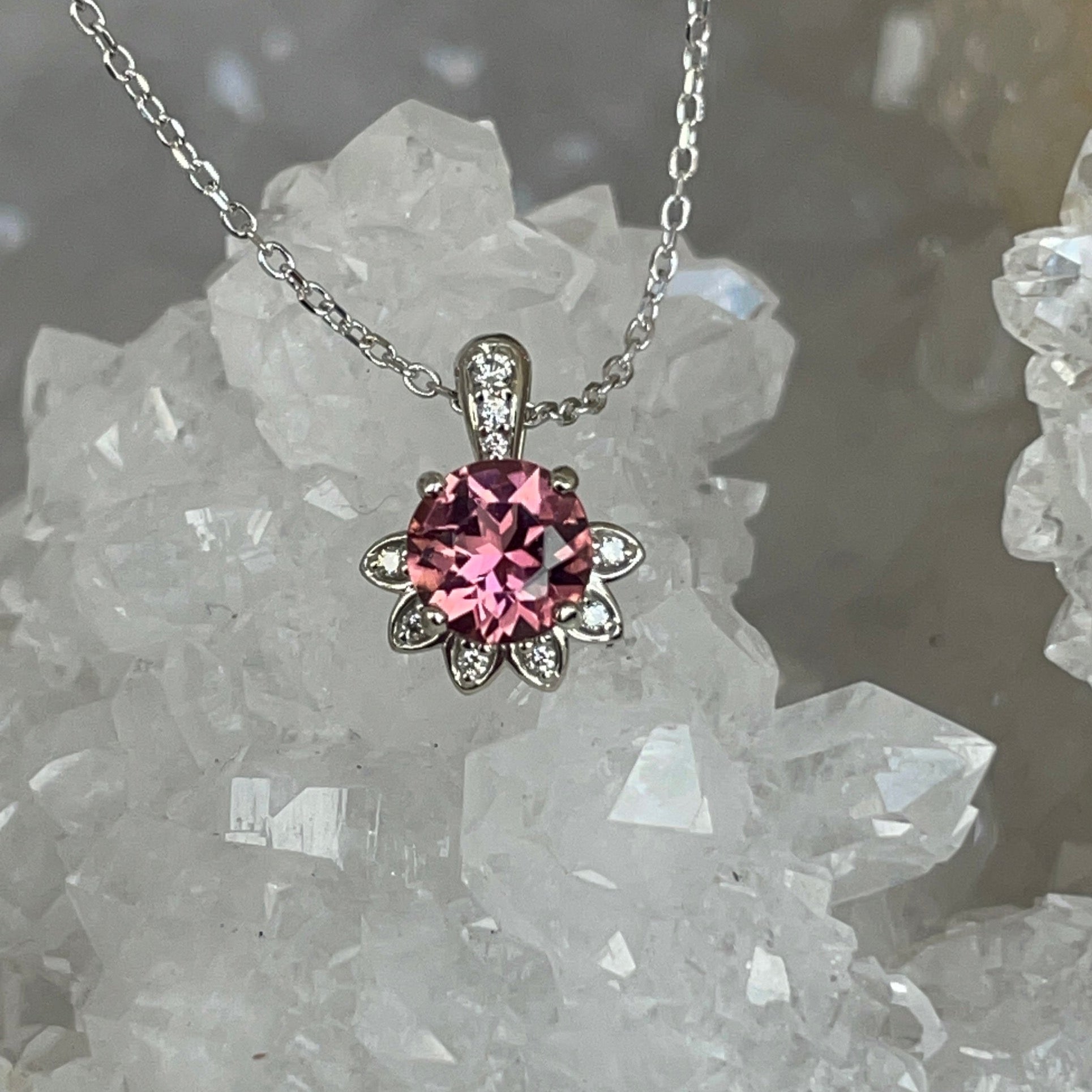 Pendant - Tourmaline .84 CT Pink Round Cut in a 14K White Gold Flower Diamond Accent