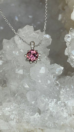 Load image into Gallery viewer, Pendant - Tourmaline .84 CT Pink Round Cut in a 14K White Gold Flower Diamond Accent
