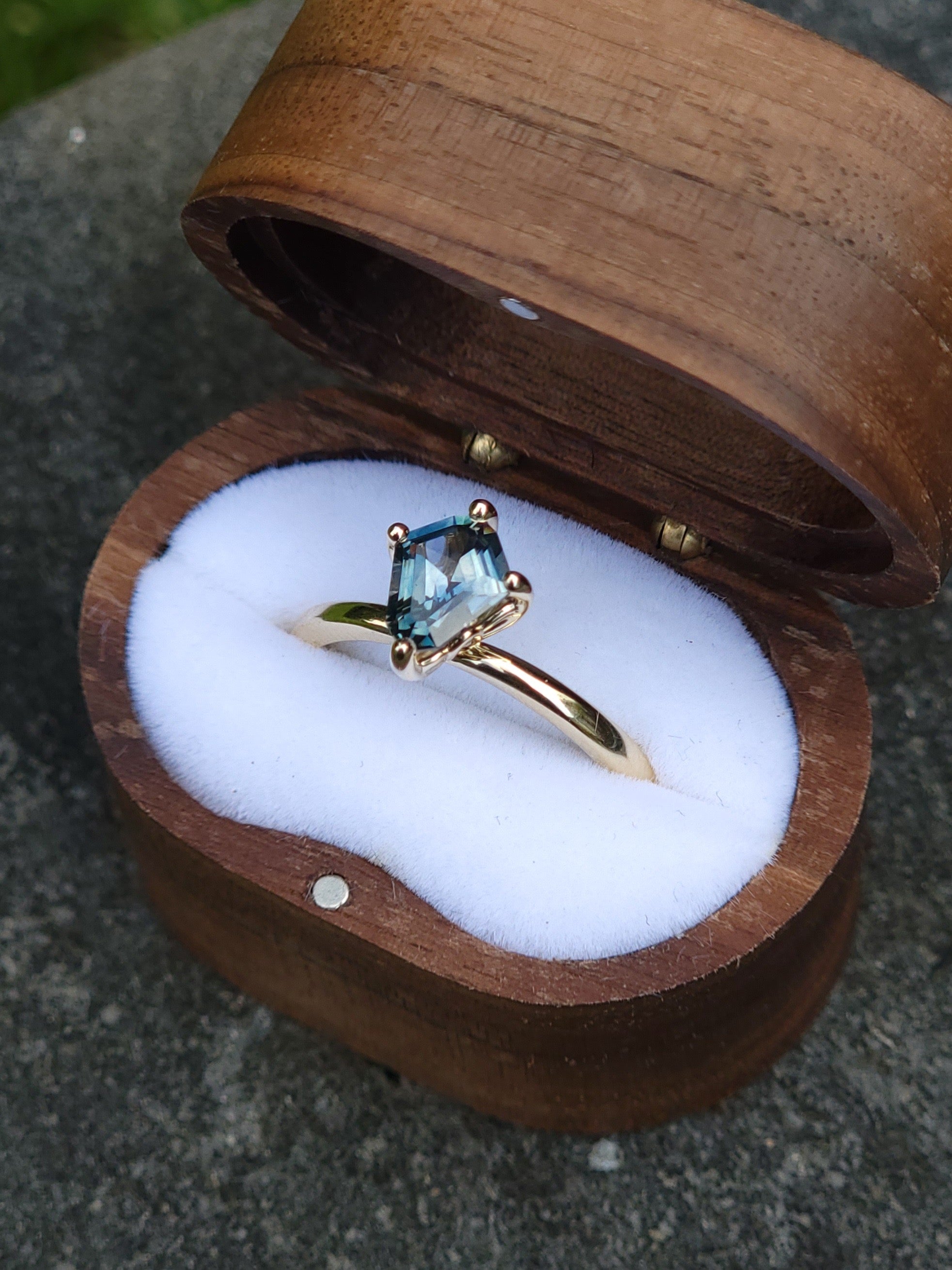 Montana Sapphire Teal Modified Shield Cut 14k Gold Solitaire Ring