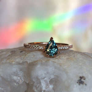 Ring - Australian Sapphire .92 CT Teal Pear Cut with Diamond band in 14k Rose Gold