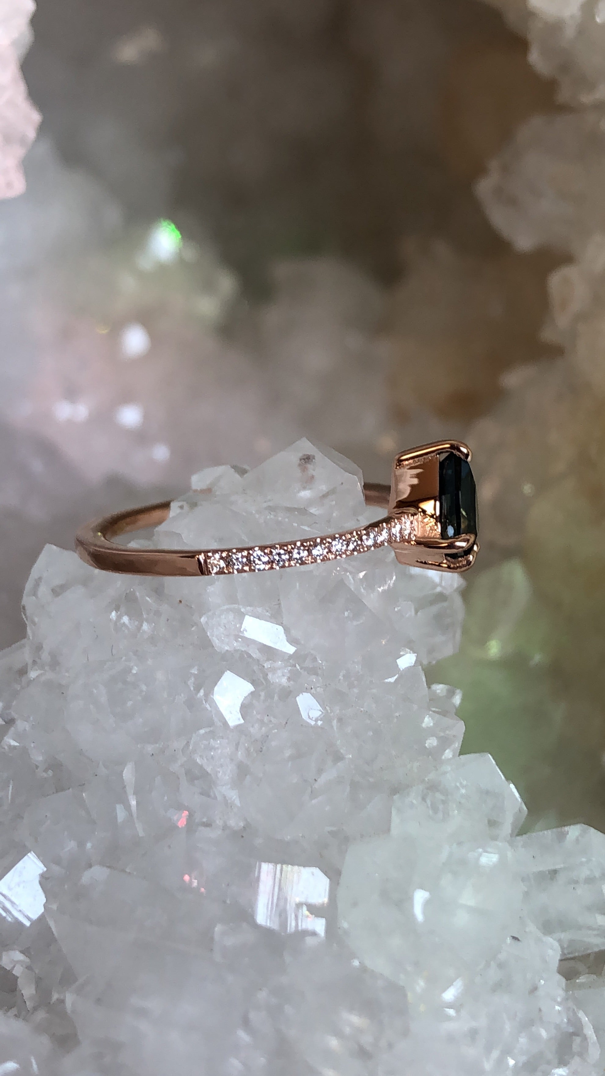Ring - Australian Sapphire .92 CT Teal Pear Cut with Diamond band in 14k Rose Gold